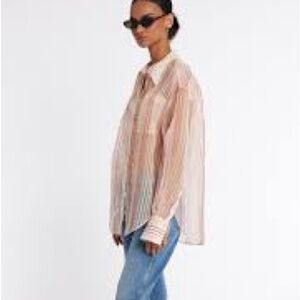 Keeley Sheer Stripe Silk & Cotton Button-up Shirt Peach Melba SZ 8 neutral